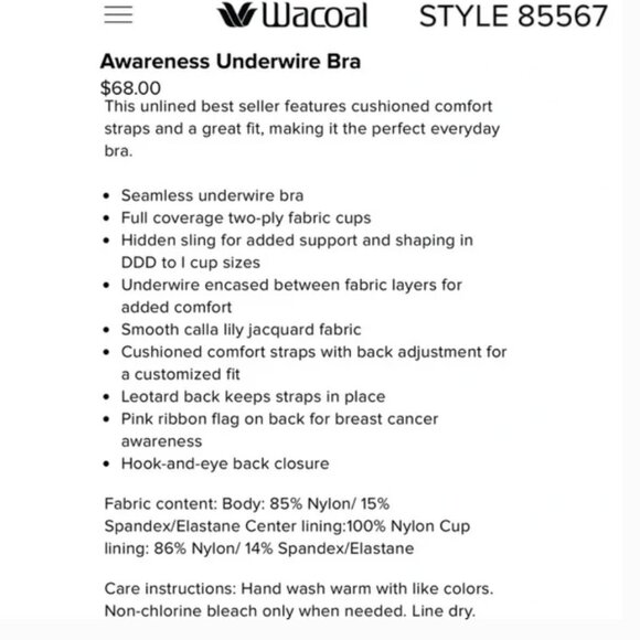 WACOAL 85567 SAND NUDE CALLA LILY JACQUARD AWARENESS UNDERWIRE BRA Size 42DD - Picture 10 of 11